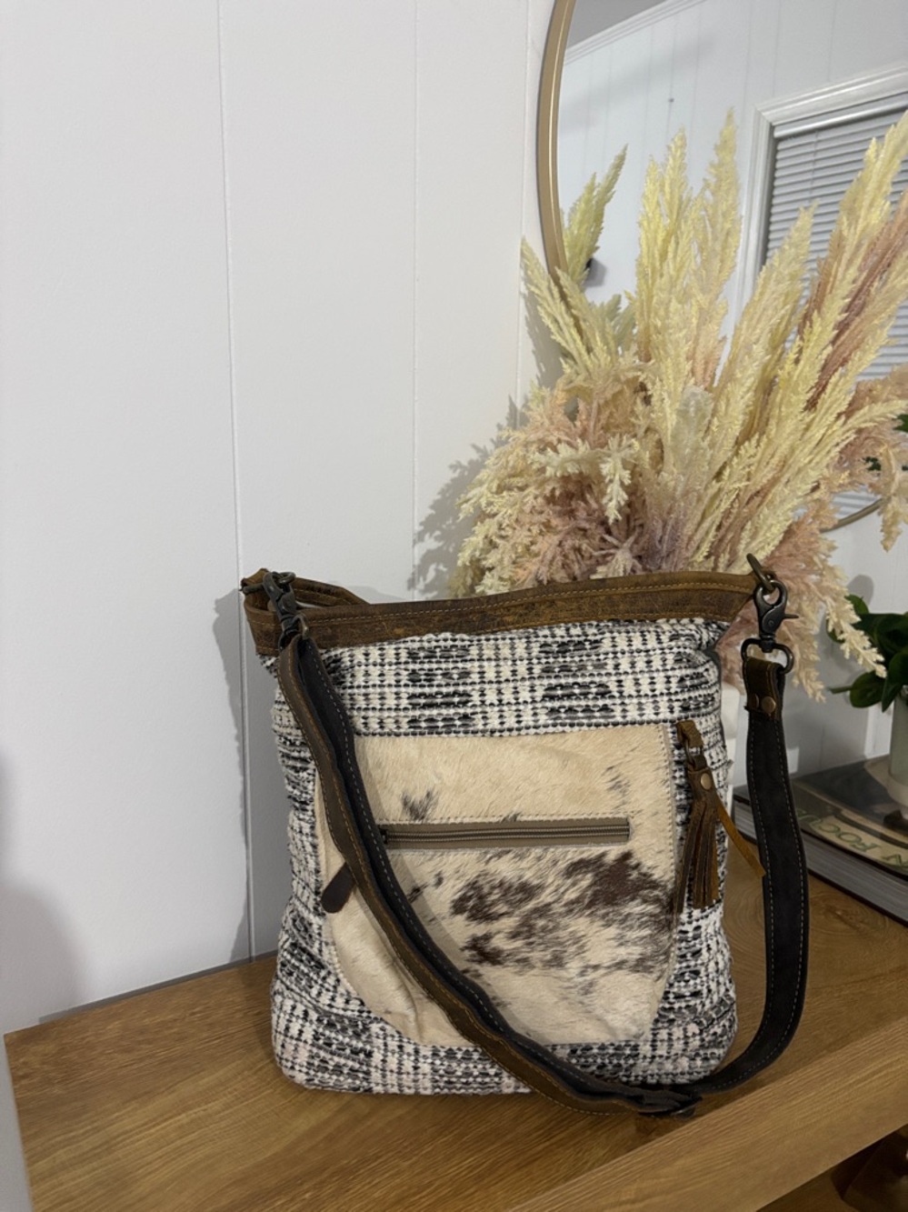 Myra Bag Woven Pattern Crossbody Bag with Cowhide Front Pocket - Picture 2 of 16